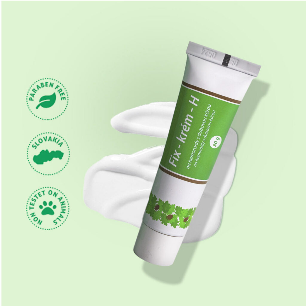 Fix crema H – crema naturale contro le emorroidi a base di corteccia di quercia, prodotta in Slovacchia, senza parabeni e non testata sugli animali. Confezione da 30 g.